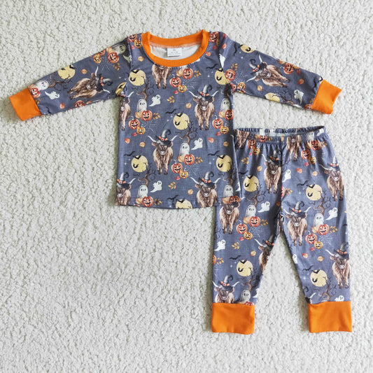 BLP0039 Halloween Pumpkin Highland Cow Ghost Cartoon Boys Long Sleeve Pajamas