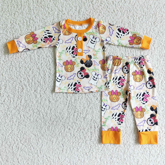 BLP0026 Halloween Pumpkin Yellow Ghost Cartoon Boys Long Sleeve Pajamas