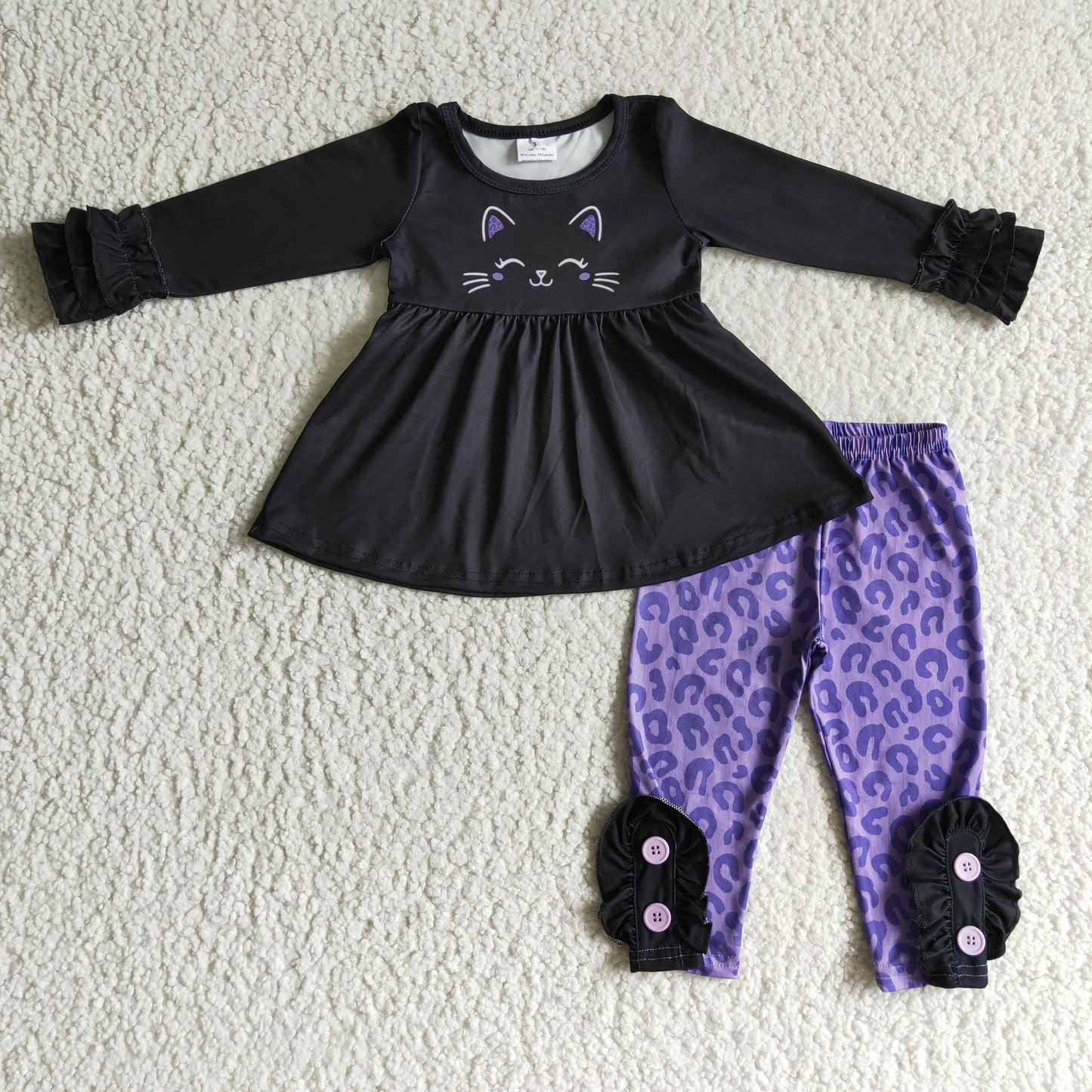 GLP0212 Black Purple Cat Leopard Tunic Girls Long Sleeve Pants Outfits