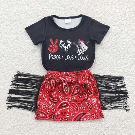 GSD0302 Red Peace Love Cows Tassel Girls Short Sleeve With Skirt Dresses Outfits