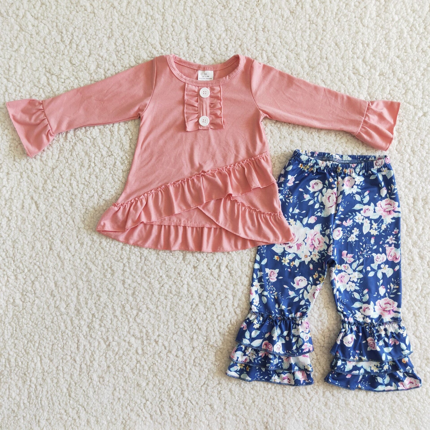6 A17-17 Pink Blue Ruffle Floral Print Short Front Long Back Girls Long Sleeve Pants Outfits