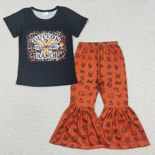 GSPO0433 Black Yellow Ranch Cowboy Leopard Girls Short Sleeve Bell Bottom Pants Outfits