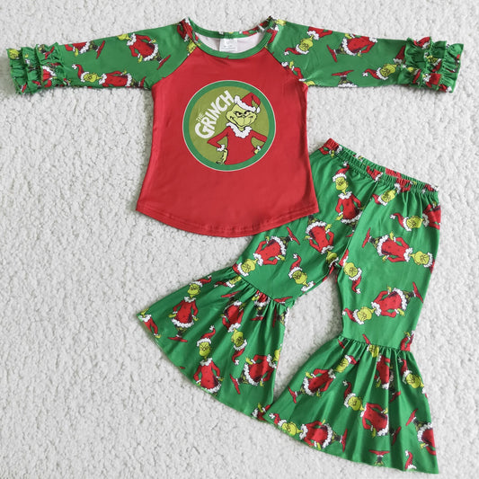 Clearance 6 A13-20 Christmas Red Green Cartoon Girls Long Sleeve Bell Bottom Pants Outfits