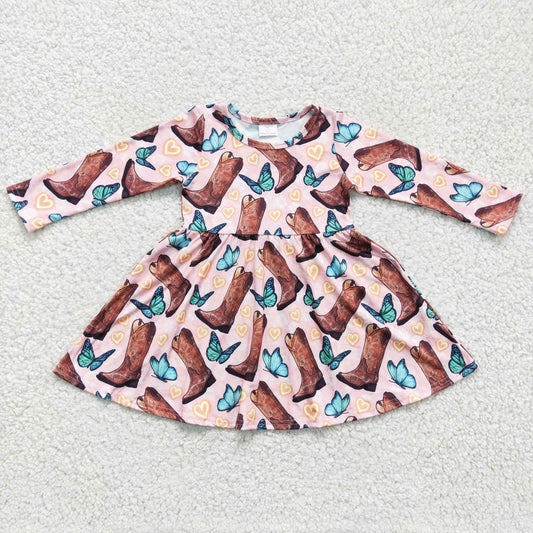 promotion GLD0166 Valentine Love Boots Butterfly Pink Cowboy Western Girls Long Sleeve Dresses