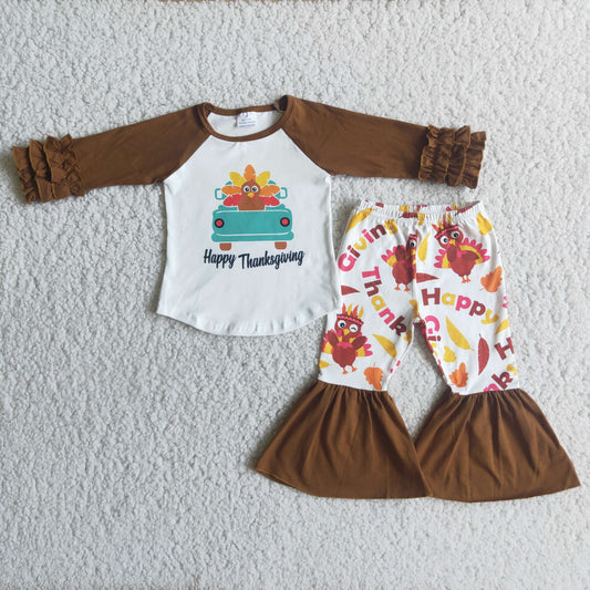 Clearance 6 C8-16 Happy Thanksgiving Tunic Turkey Girls Long Sleeve Bell Bottom Pants Outfits