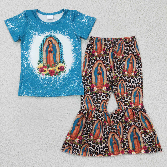 GSPO0272 Easter Blue Bleach Leopard Jesus Floral Girls Short Sleeve Bell Bottom Pants Outfits