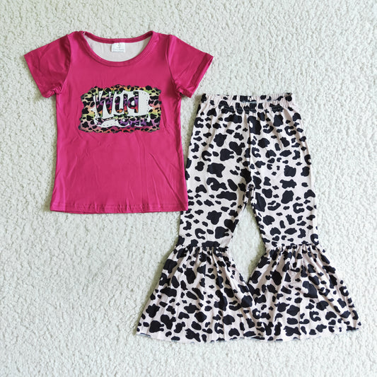 Clearance B7-30 Wild One Hot Pink Leopard Girls Short Sleeve Bell Bottom Pants Outfits