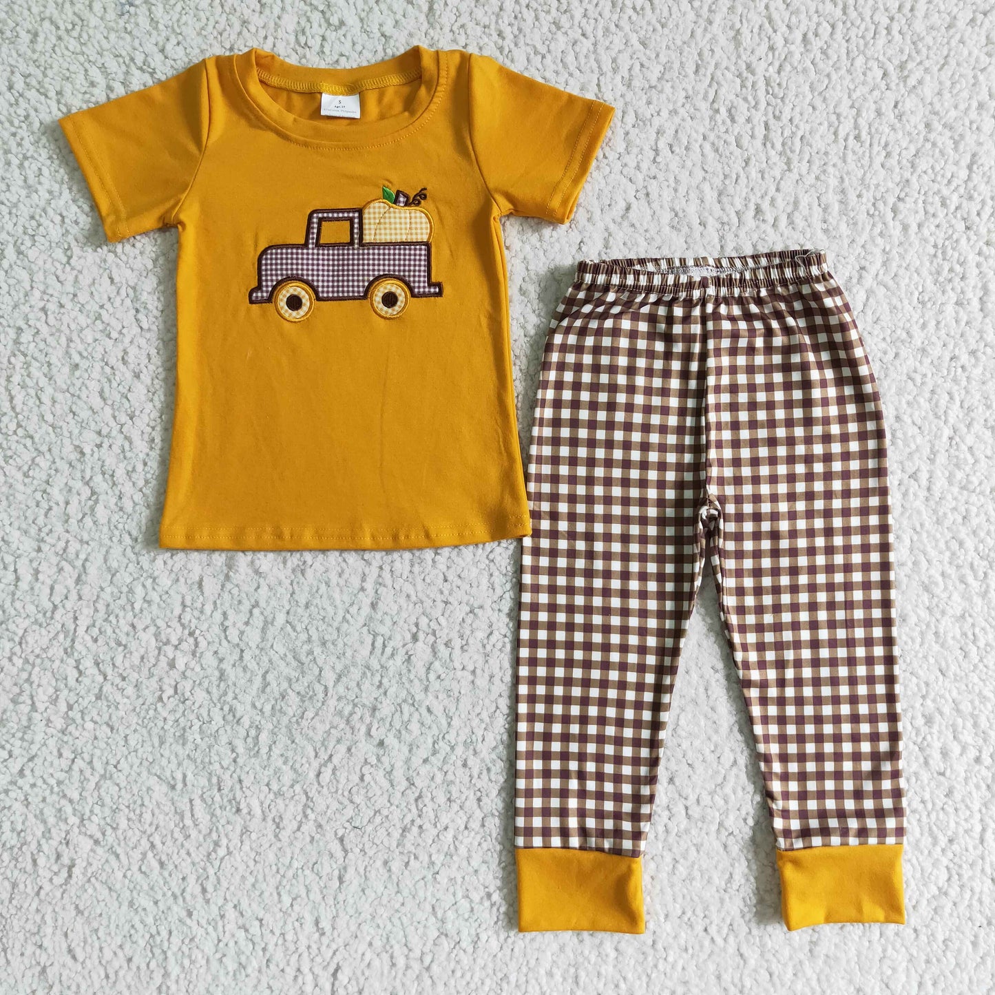 BSPO0007 Halloween Pumpkin Car Yellow Plaid Embroidery Boys Short Sleeve Pants Outfits