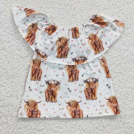 GSSO0186 2Pcs GT0147  Pink Highland Cow Floral Western Top+ Denim  Girls Short Sleeve Shorts Outfits