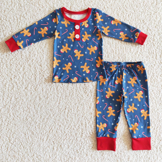 BLP0134 Christmas Red Blue Gingerbread Boys Long Sleeve Pants Outfits Pajamas