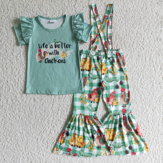 E9-15 Thanksgiving Life Is Better With Chickens Farm Green Overall Girls Short Sleeve Bell Bottom Outfits