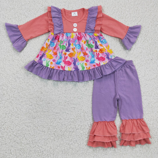 6 A14-16 Easter Rabbit Pink Purple Ruffles Tunic Girls Long Sleeve Bell Bottom Pants Outfits