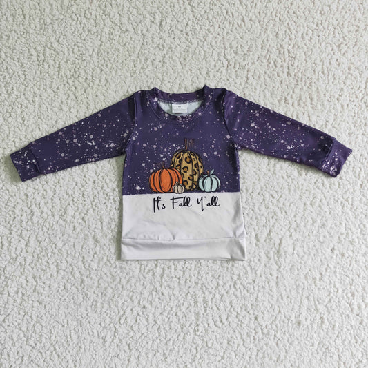 6 B4-32 Halloween Pumpkin Leopard Purple It's Fall Y'all Boys Long Sleeve Top T-shirts