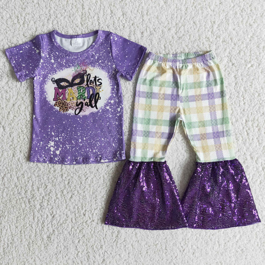 E5-17 Sequin Purple Bleach Mardi Gras Girls Short Sleeve Bell Bottom Pants Outfits