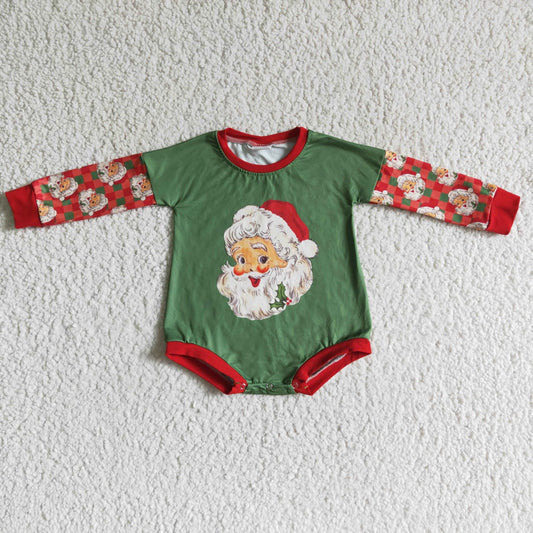 LR0137 Christmas Green Red Santa Girls Long Sleeve Romper