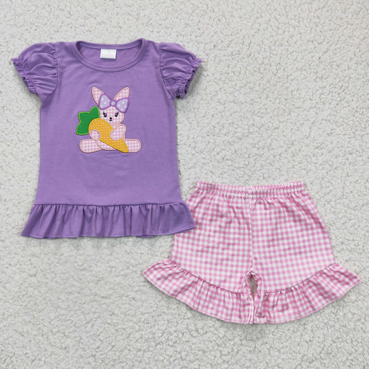 GSSO0126 Easter Purple Pink Rabbit Carrot Embroidery Girls Short Sleeve Shorts Outfits