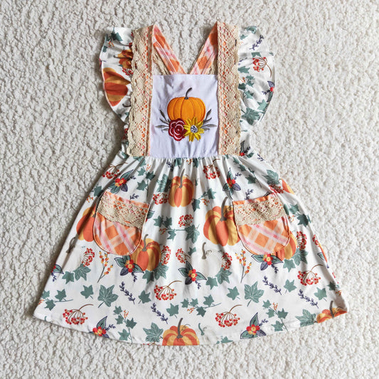 GSD0146 Halloween Orange Pumpkin Floral Lace Pockets Ruffles Embroidery Girls Short Sleeve Dresses