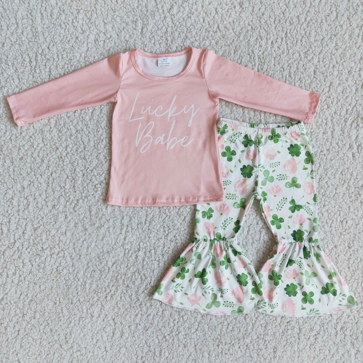 Clearance 6 B2-25 Lucky Babe Pink Clover St. Patrick Girls Long Sleeve Bell Bottom Pants Outfits