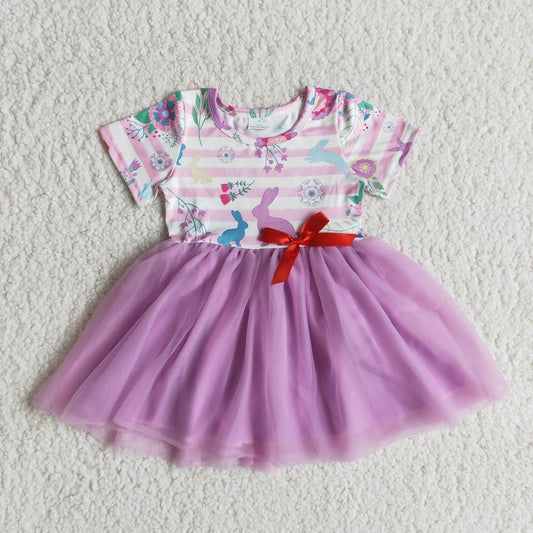 Clearance E9-26 Easter Rabbit Purple Tutu Girls Short Sleeve Dresses