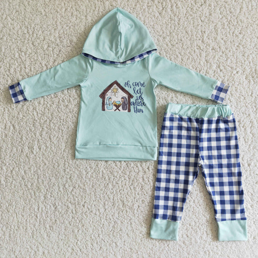 6 C11-18 Christmas Green Plaid Jesus Boys Long Sleeve Hoodie Outfits