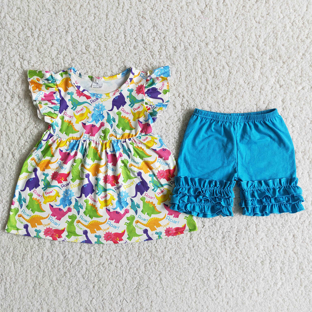 Adorable Dino Print Blue Shorts Girls Set