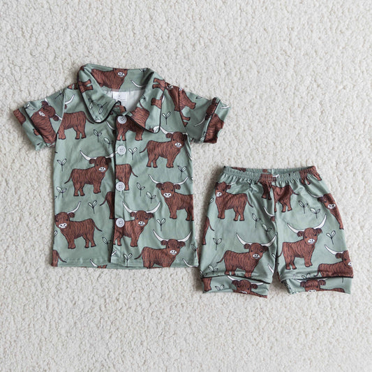 E14-1 Green Heifer Highland Cows Collar Boys Short Sleeve Pajamas