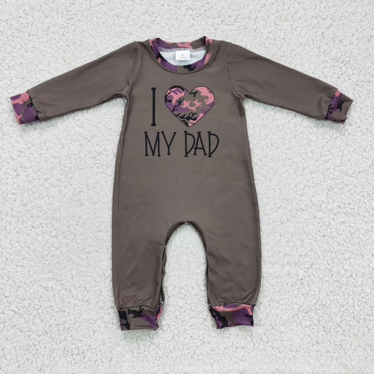 LR0236 Valentine I Love My Dad Green Camo Boys Long Sleeve Romper