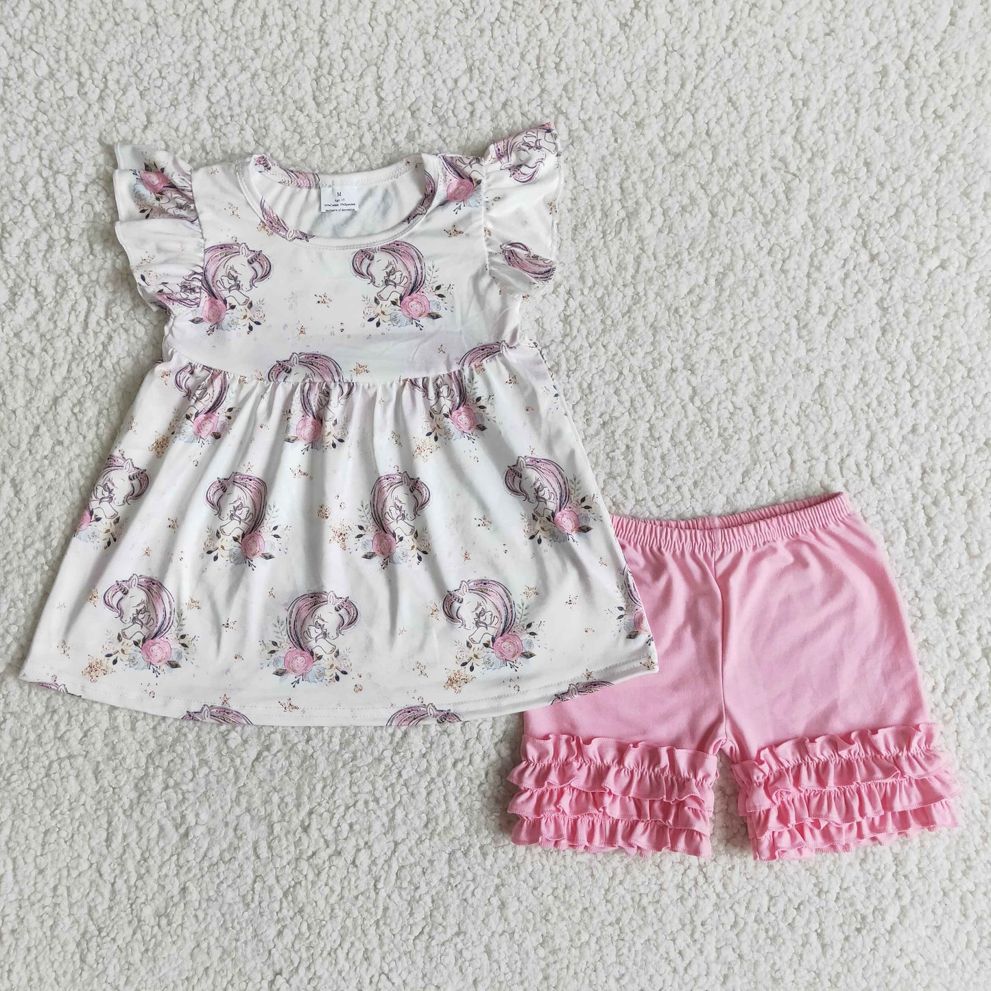 Clearance A6-9-1 Unicorn Print Pink Girls Short Sleeve Shorts Outfits