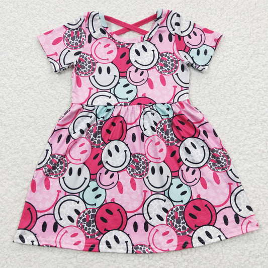 promotion RTS GSD0312  Pink Smile Emoji Girls Short Sleeve Dresses