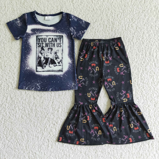 promotion RTS C2-11 Halloween Purple You Can't Sit With Us Witch Cartoon Girls Short Sleeve Bell Bottom Pants Outfits