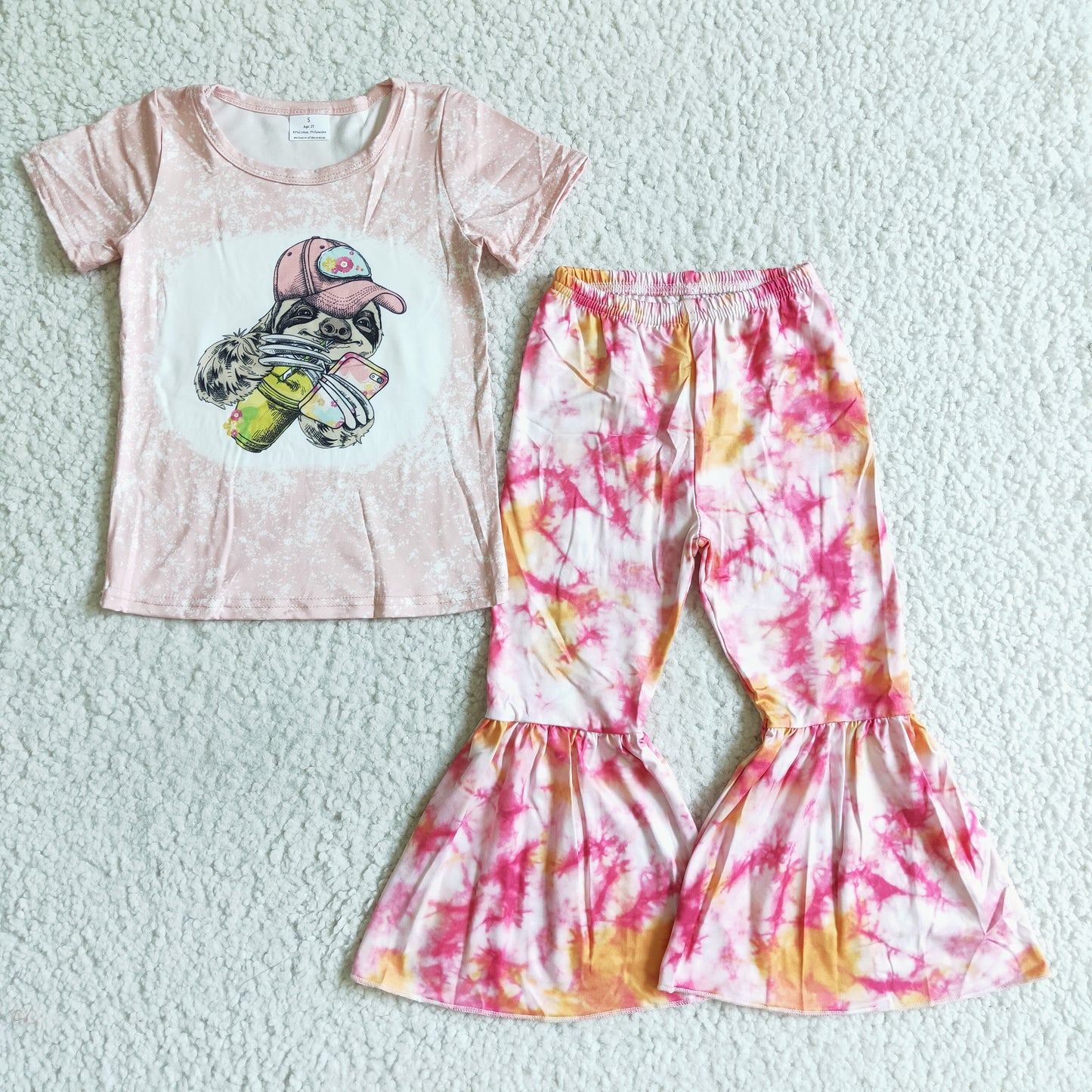 Clearance B16-24 Pink Bleach Design Bradypod Cartoon Tie Dye Girls Short Sleeve Bell Bottom Pants Outfits