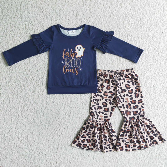 GLP0074 Halloween Blue Ghost Cartoon Leopard Girls Long Sleeve Bell Bottom Pants Outfits