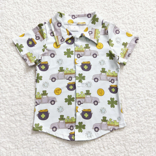 BT0181 St. Patrick Green Clover Boys Short Sleeve Top Collar T-Shirts