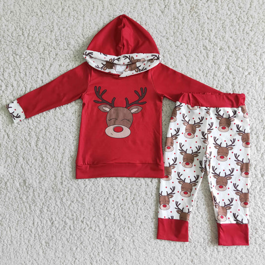 Clearance 6 B1-24 Christmas Deer Red Boys Long Sleeve Hoodies Outfits