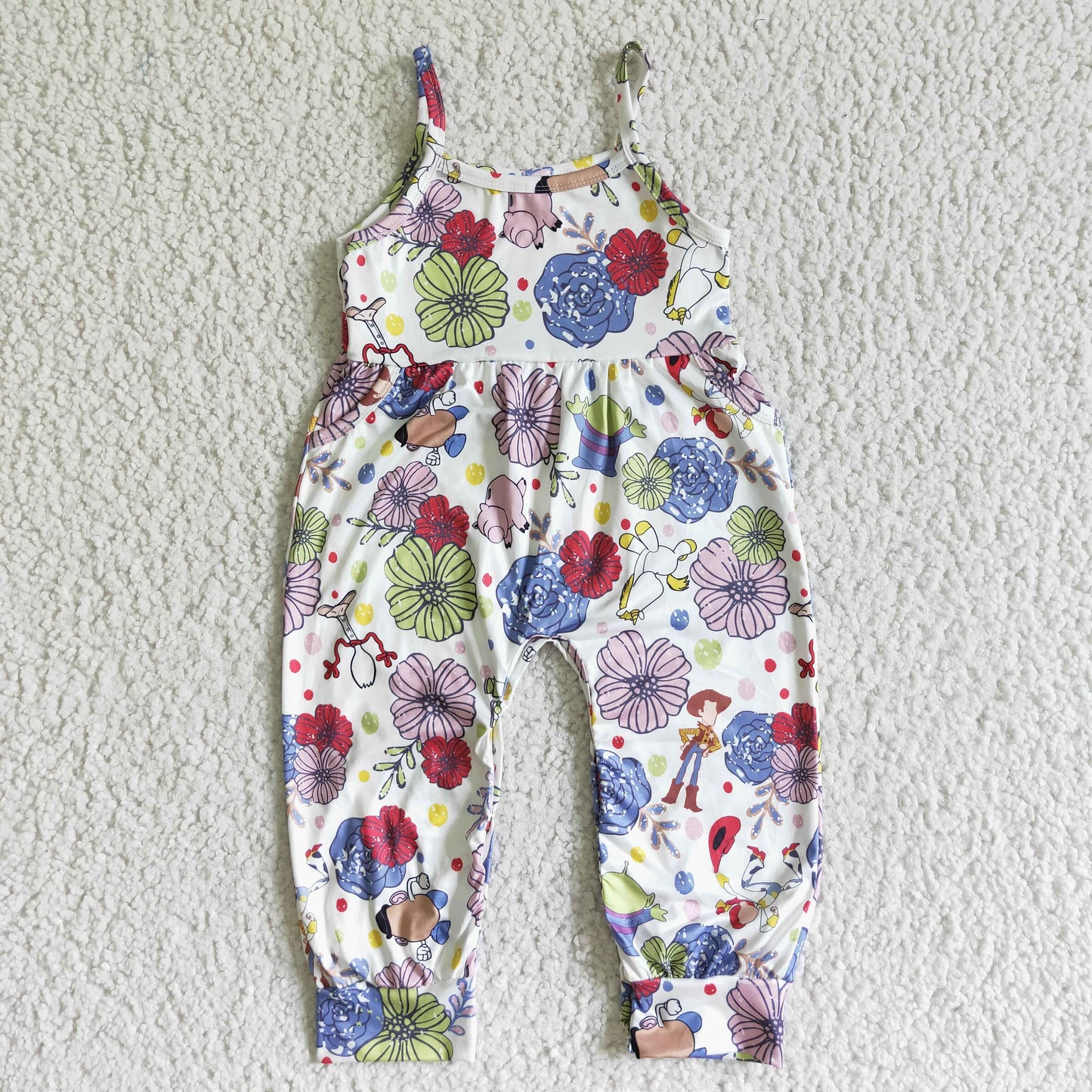 SR0062 Pink Blue Floral Cartoon Girls Sleeveless Jumpsuit