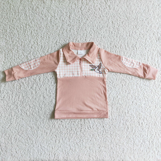 BT0034 Pink Plaid Birds Boys Long Sleeve Top Collar Polo Pullover T-Shirts