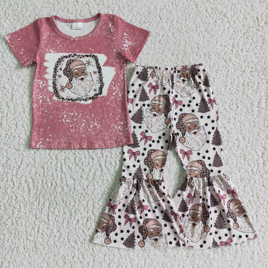 GSPO0180 Christmas Pink Bleach Tree Santa Leopard Girls Short Sleeve Bell Bottom Pants Outfits