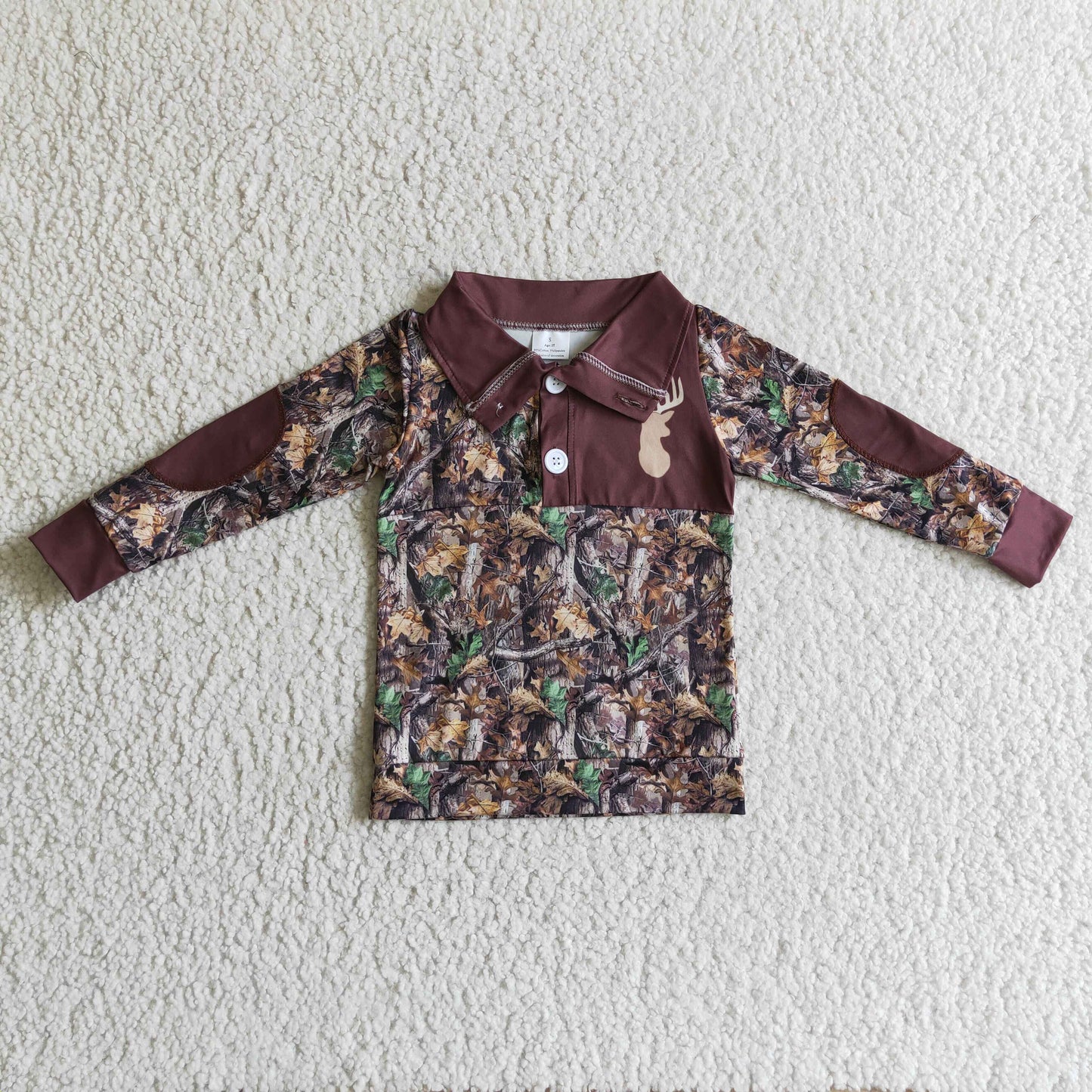 BT0078 Christmas Deer Brown Leaf Leaves Camo Boys Long Sleeve Top Collar Polo Pullover T-Shirts