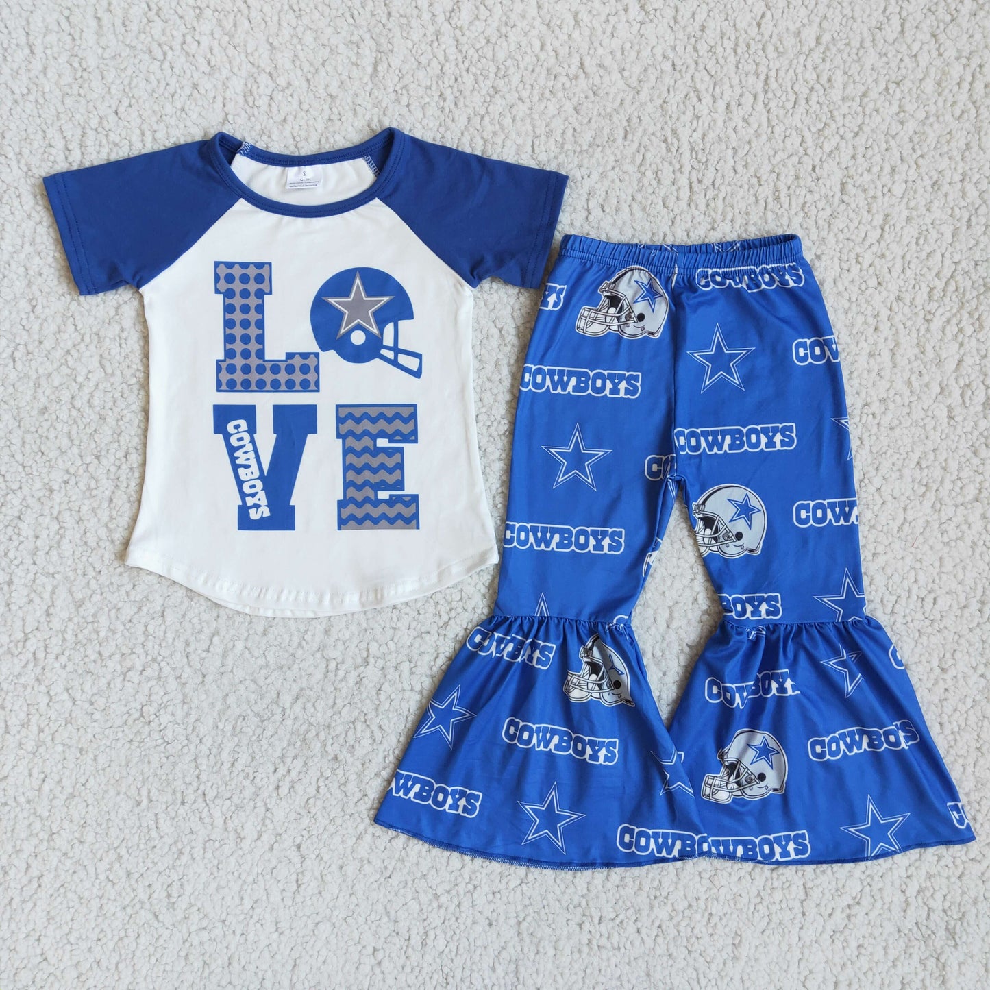 D10-26 Blue Love Cowboy Football Teams Girls Short Sleeve Bell Bottom Pants Outfits