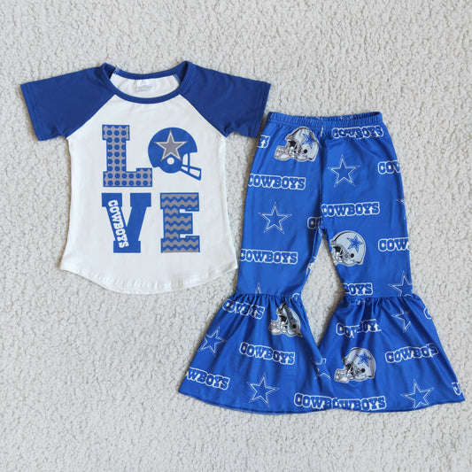 D10-26 Blue Love Cowboy Football Teams Girls Short Sleeve Bell Bottom Pants Outfits