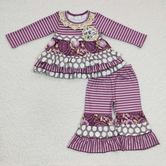 Clearance 6 A31-28 Purple Dots Stripes Floral Ruffles Tunic Girls Long Sleeve Bell Bottom Pants Outfits