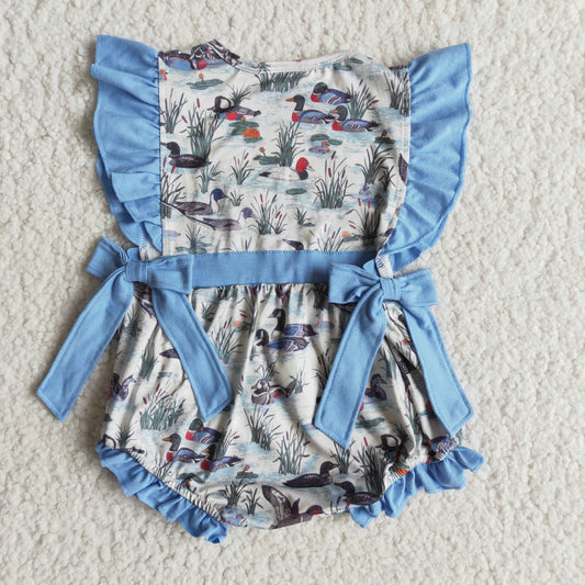 E7-12 Blue Flutter Sleeve Duck Print Girls Short Sleeve Romper