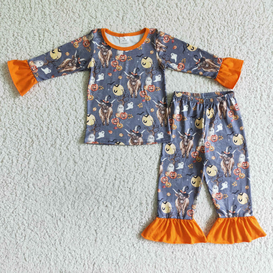 GLP0111 Halloween Pumpkin Highland Cow Ghost Cartoon Girls Long Sleeve Pajamas