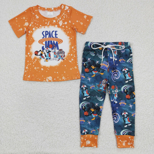 BSPO0091 Orange Blue Basketball Cat Cartoon Boys Short Sleeve Pants Outfits