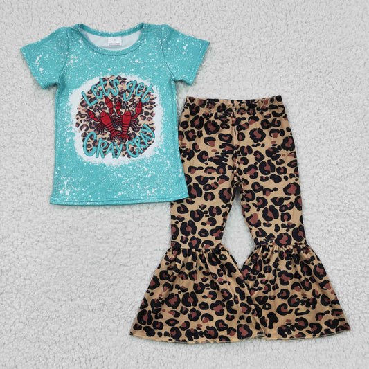 GSPO0333 Let's Get Cray Crawfish Blue Bleach Leopard Girls Short Sleeve Bell Bottom Pants Outfits