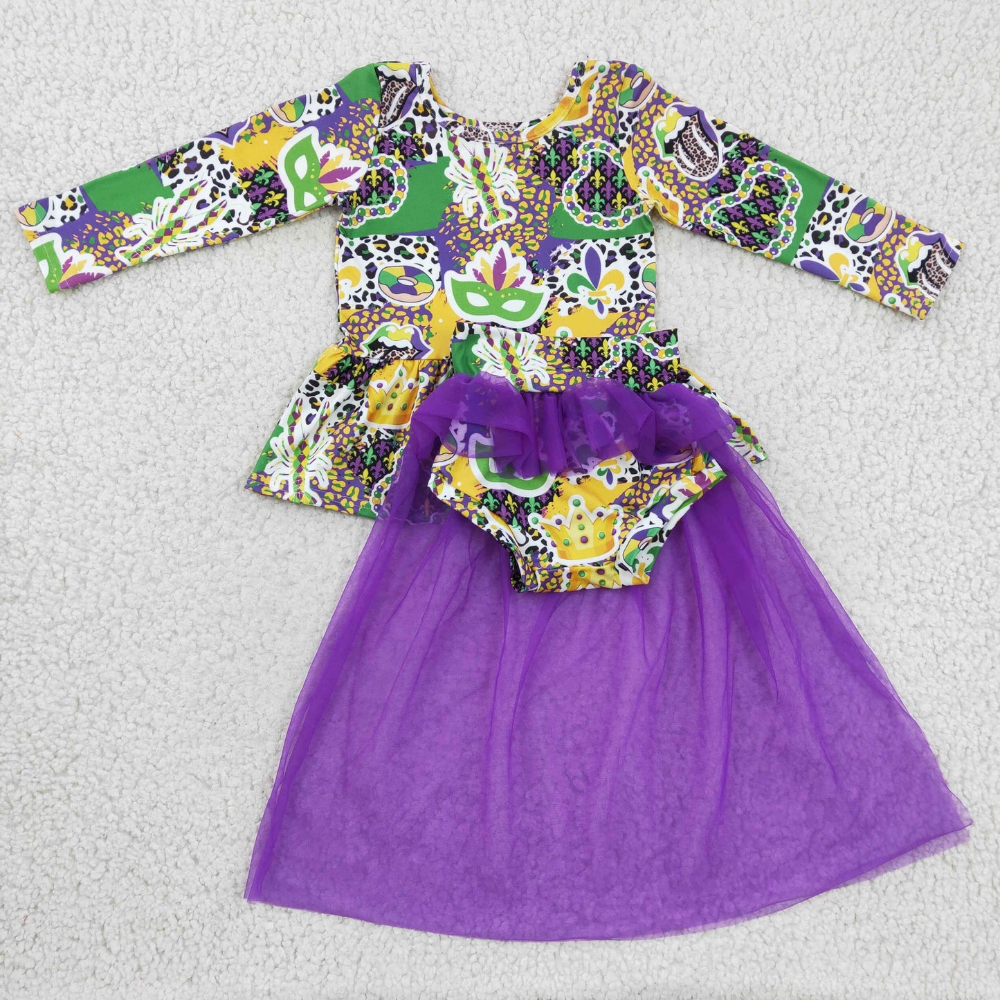 GLD0153  Mardi Gras Purple Yellow Mask Tulle Tutu Skirt Dresses Girls Long Sleeve Bummies Outfits