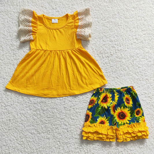 Clearance A10-24 Yellow Flutter Lace Sunflower Girls Short Sleeve Shorts Outfits