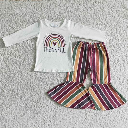 Clearance 6 A6-16 Thanksgiving Thankful Rainbow Girls Long Sleeve Bell Bottom Pants Outfits