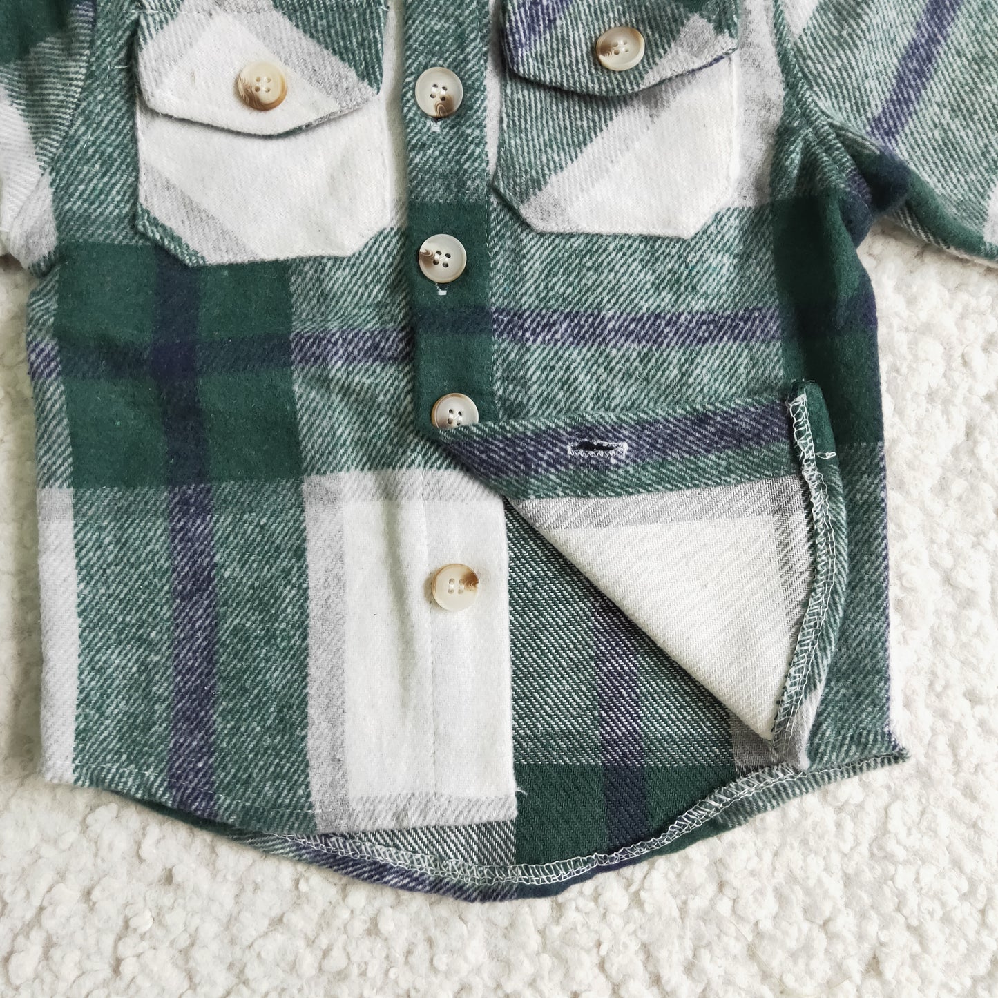 BT0075 Green Plaid White Pockets Boys Long Sleeve Hoodies Top