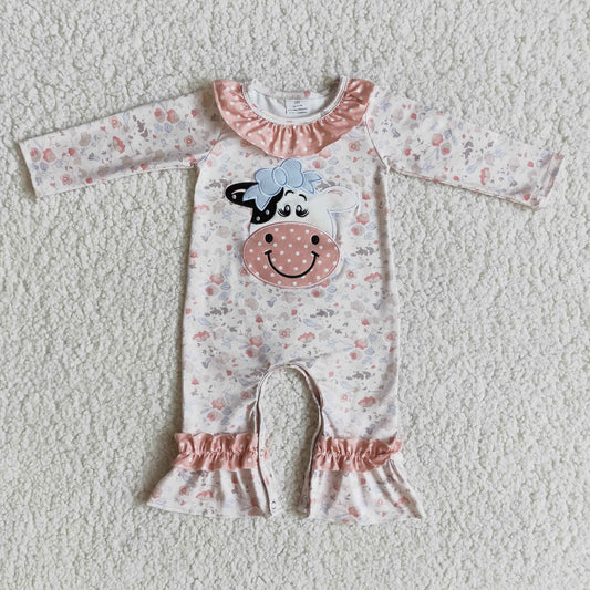 Clearance 6 A23-5 Embroidery Cow Floral Baby Girls Long Sleeve Romper